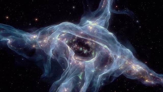 Still: the atemporal entity, a glowing blue-violet tangle of tendrils in space