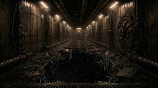 Still: a dark corridor with a gap torn in the deck