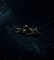 Still: the derelict freighter adrift, its masts and superstructure dark against the stars