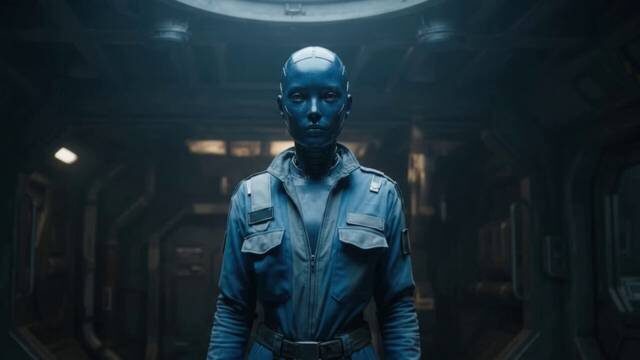 Still: Maia, a blue-skinned android in a grey uniform, standing in a dark corridor
