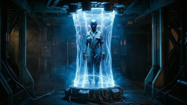 Still: Maia standing inside a tall cylinder of crackling blue light