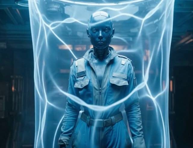 Still: Maia, a blue-skinned android, inside a glowing containment field