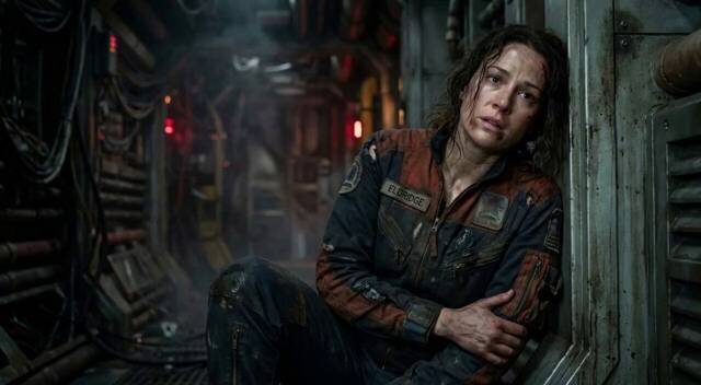 Still: Rhea, an injured woman sitting in a corridor