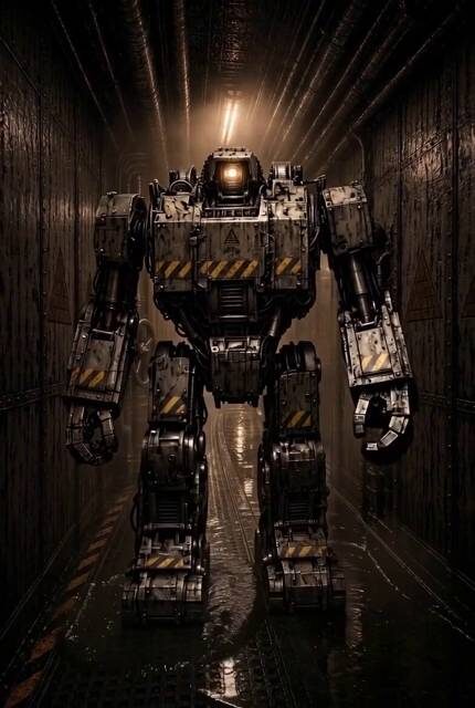 Still: a hulking utility robot in a corridor